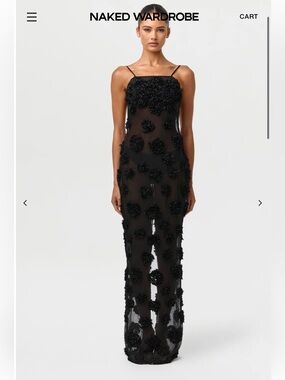 naked wardrobe Black Sheer Maxi Dress with 3D Floral Appliqués